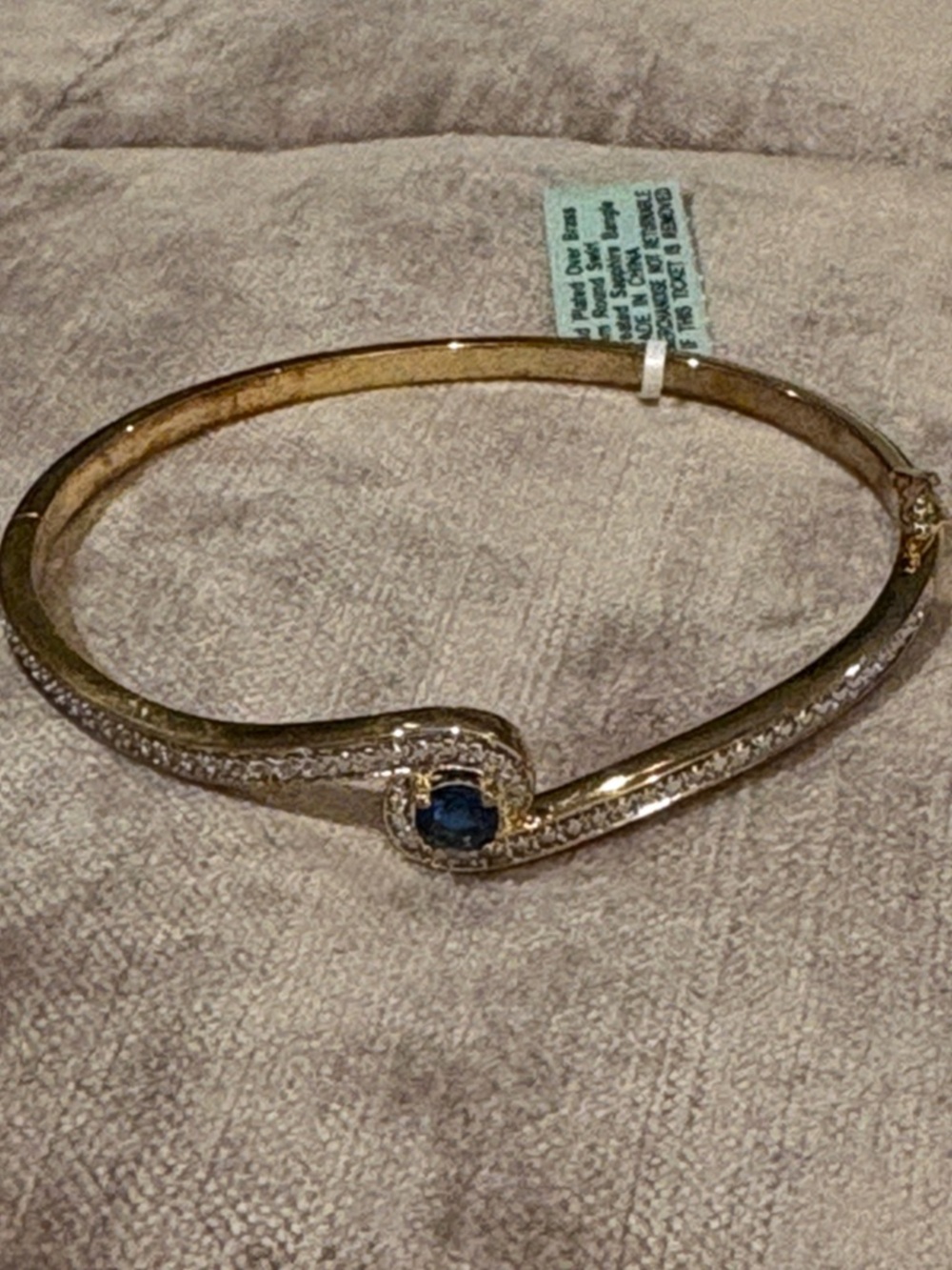 Savvy Cie Gold Plated Bracelet Lab Safire Blue Center Bangle 7.25” NWTS